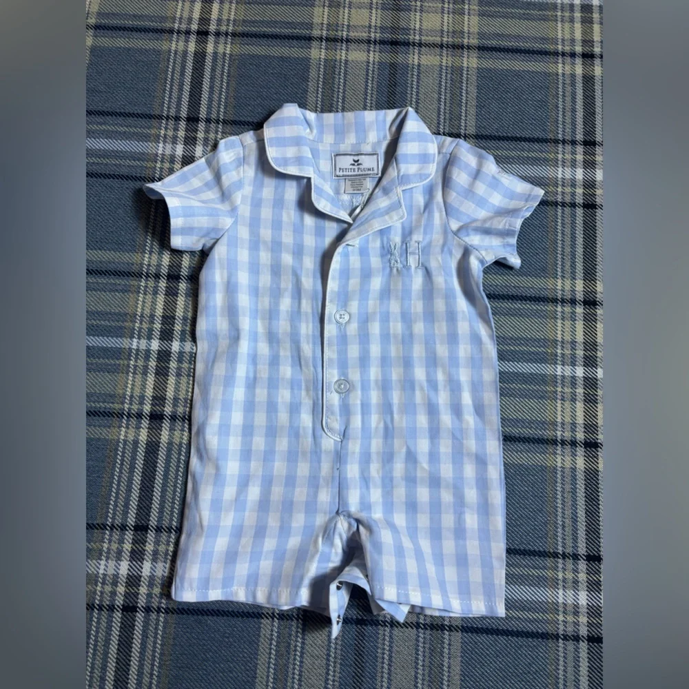 Petite Plume Light Blue Gingham Summer Romper 0/3 NWT - Picture 2 of 9